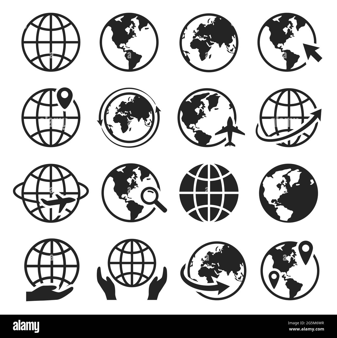 Icone globo. Icona Web Internet con globo, cursore, freccia. Viaggio aereo globale, mappa del mondo. Set vettoriale di silhouette nera per la comunicazione internazionale. Lente d'ingrandimento sul pianeta, cartografia Illustrazione Vettoriale