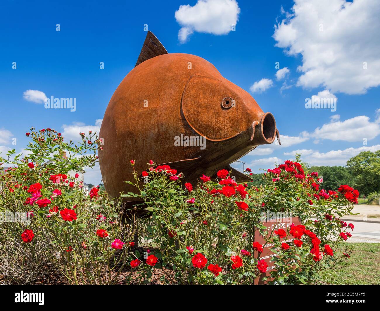 Scultura in metallo carpa (dell'artista CX) nel centro di Michel-en-Brenne, Indre (36), Francia. Foto Stock