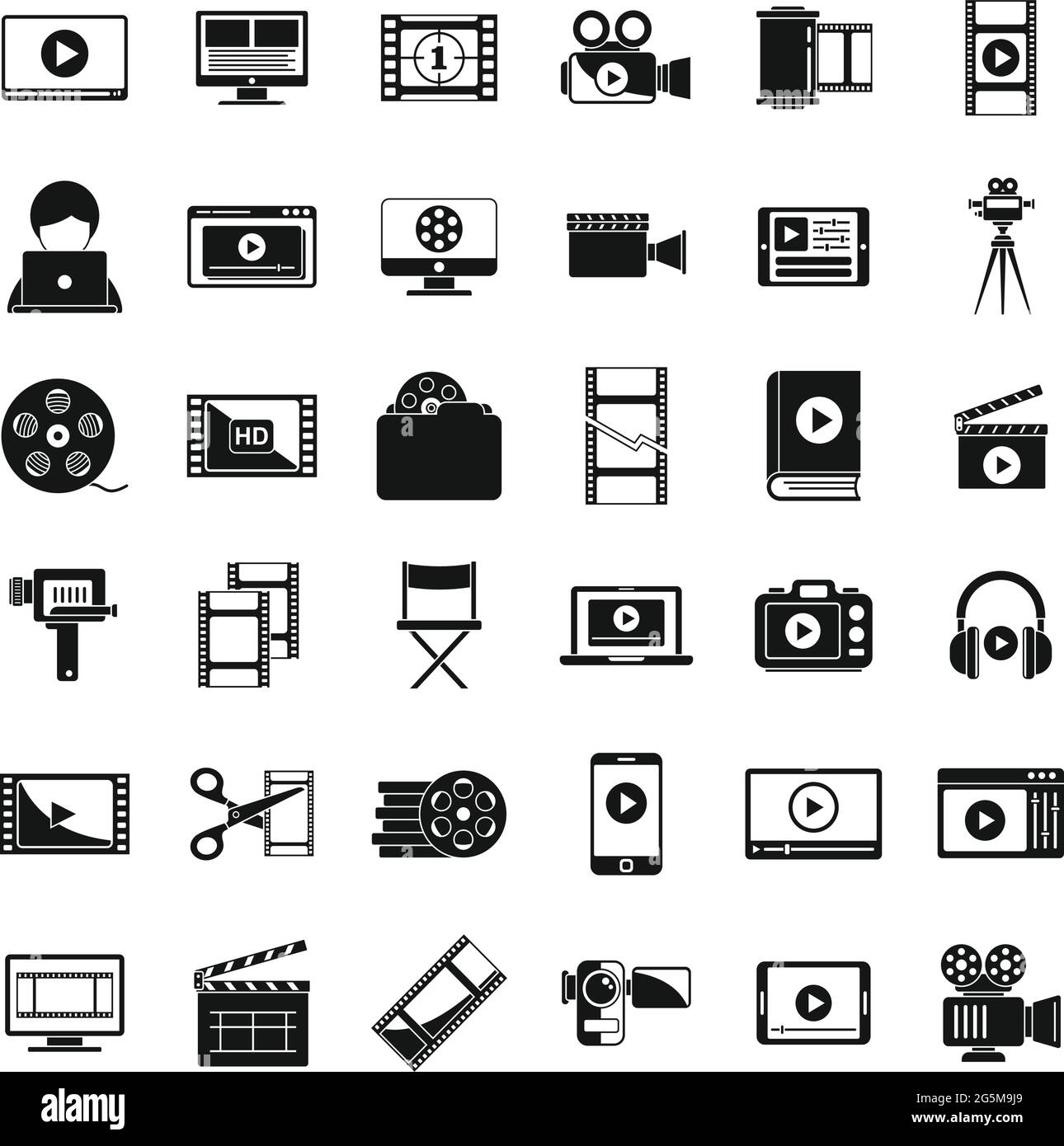 Le icone di editing video dello schermo impostano un vettore semplice. Giocatore online Illustrazione Vettoriale