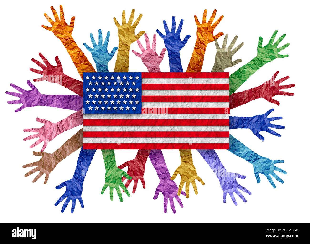 Giornata dell'indipendenza degli Stati Uniti con diverse persone che rinunciano alle mani come una celebrazione americana diversa delle festività nazionali degli Stati Uniti il 4 luglio. Foto Stock