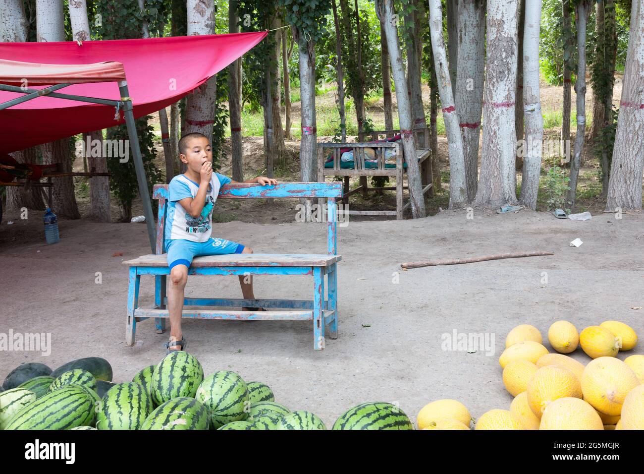 Meloni e frutta sono venduti per strada Foto Stock