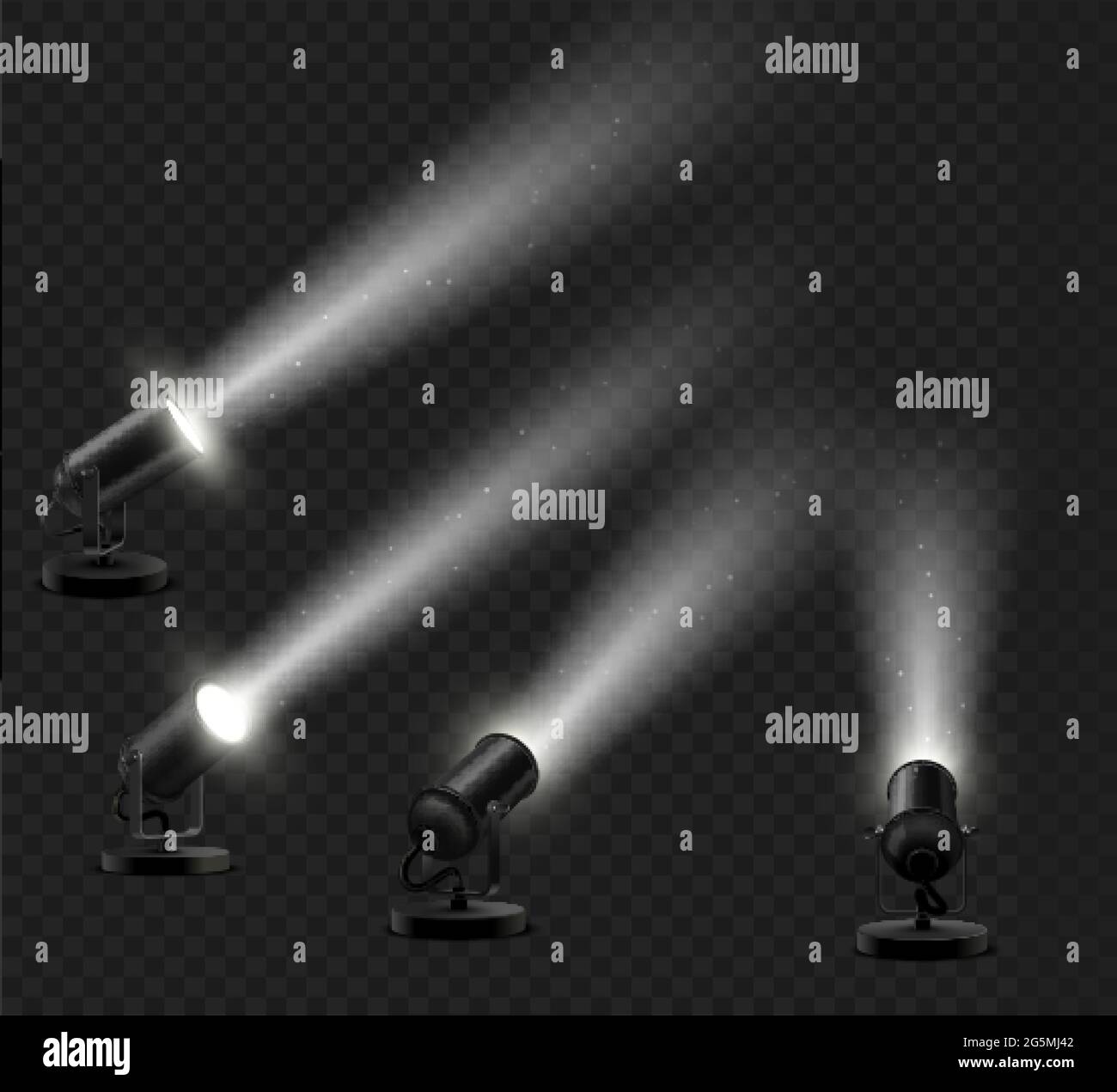 Set realistico di lampade da pavimento nere con effetto raggio chiaro per decorare uno showroom o un podio vetrina su uno sfondo scuro. Illustrazione Vettoriale
