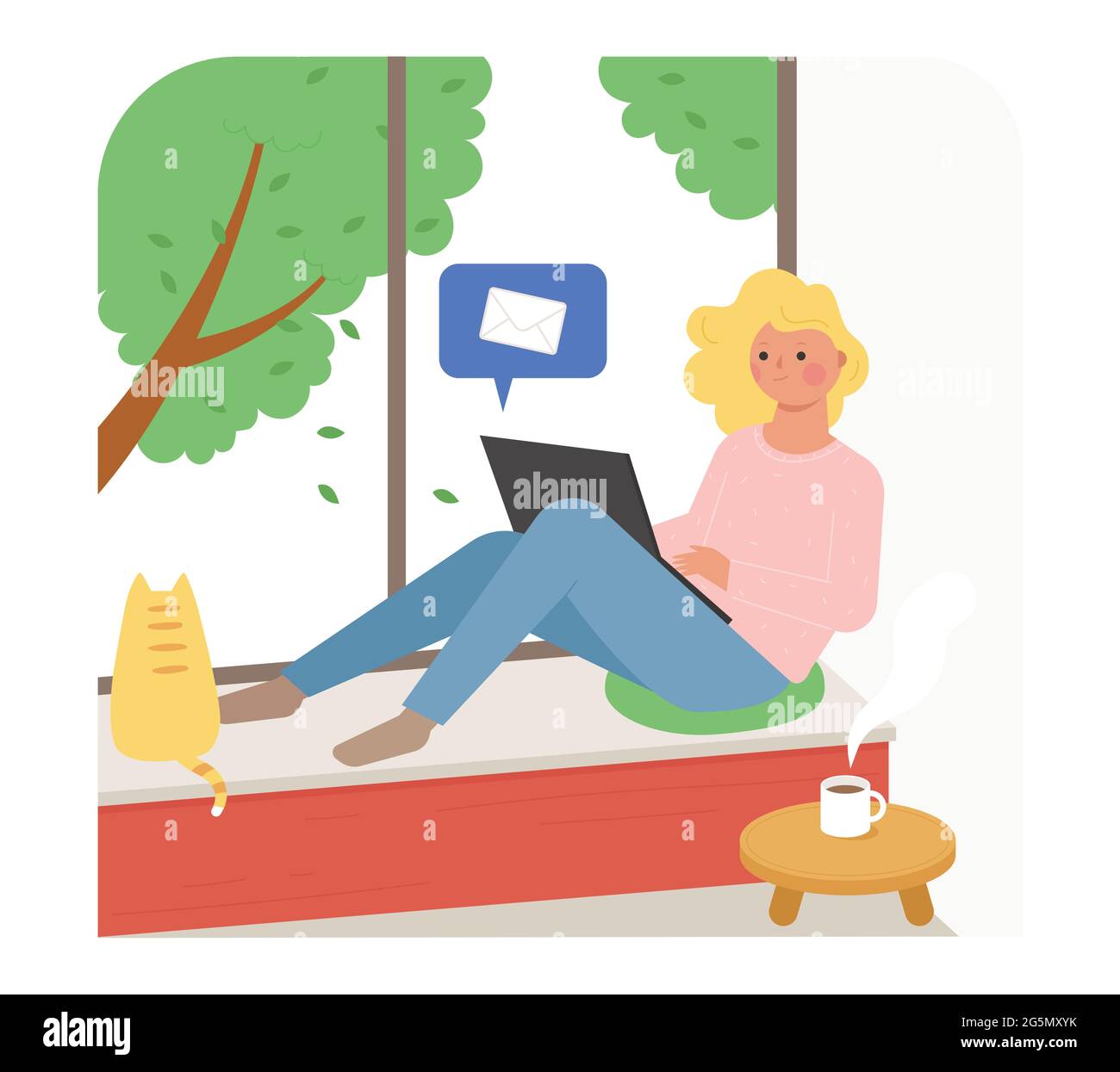 Una ragazza è seduta dalla finestra e invia un'e-mail sul suo laptop. Un gatto accanto a lei sta guardando fuori la finestra. Illustrazione Vettoriale
