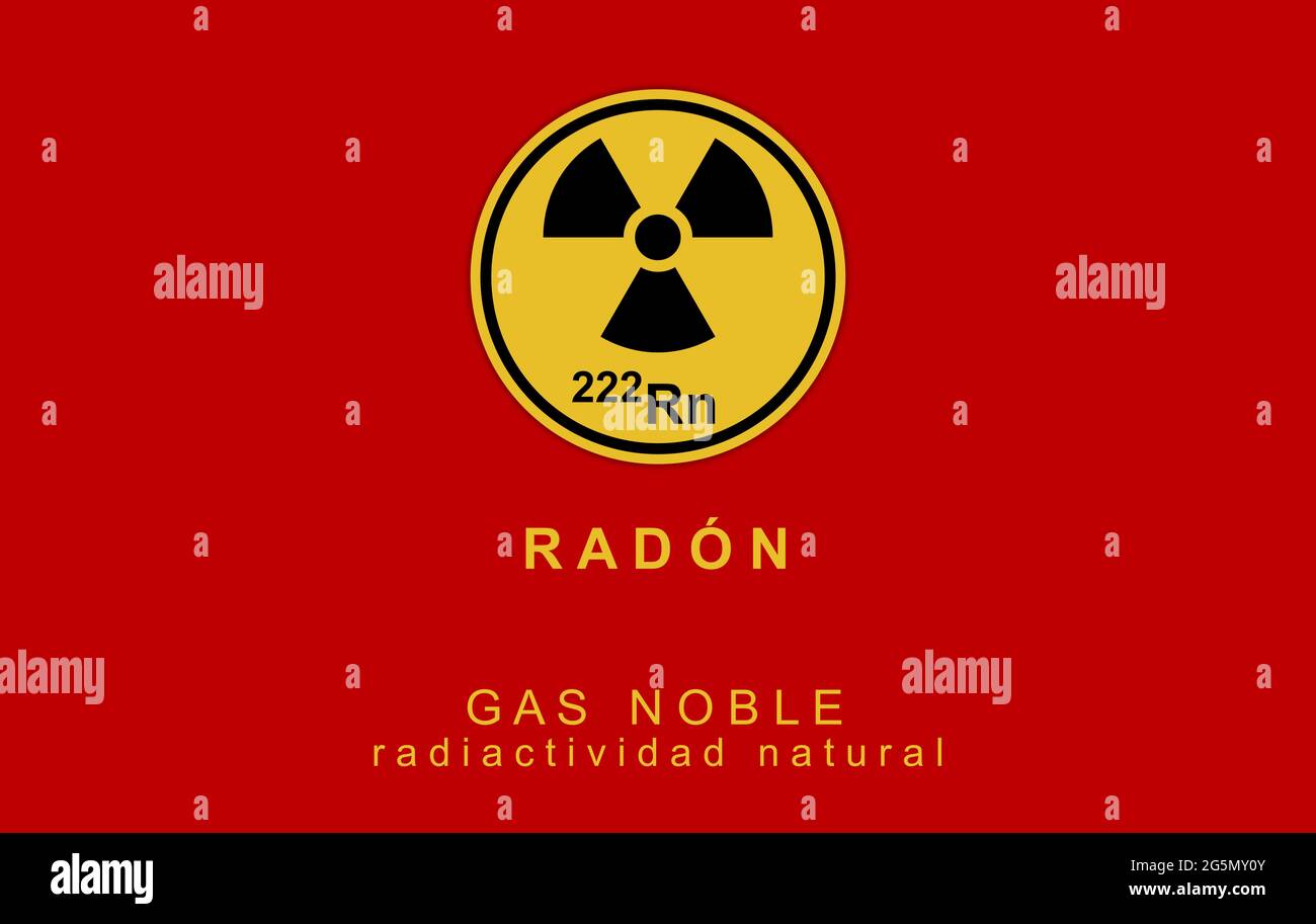 Testo in spagnolo. IL RADON, è un contaminante che influisce sulla qualità dell'aria interna in tutto il mondo. Gas nobile radioattivo, incolore, insapore. Immagine dettagliata del radon. Foto Stock