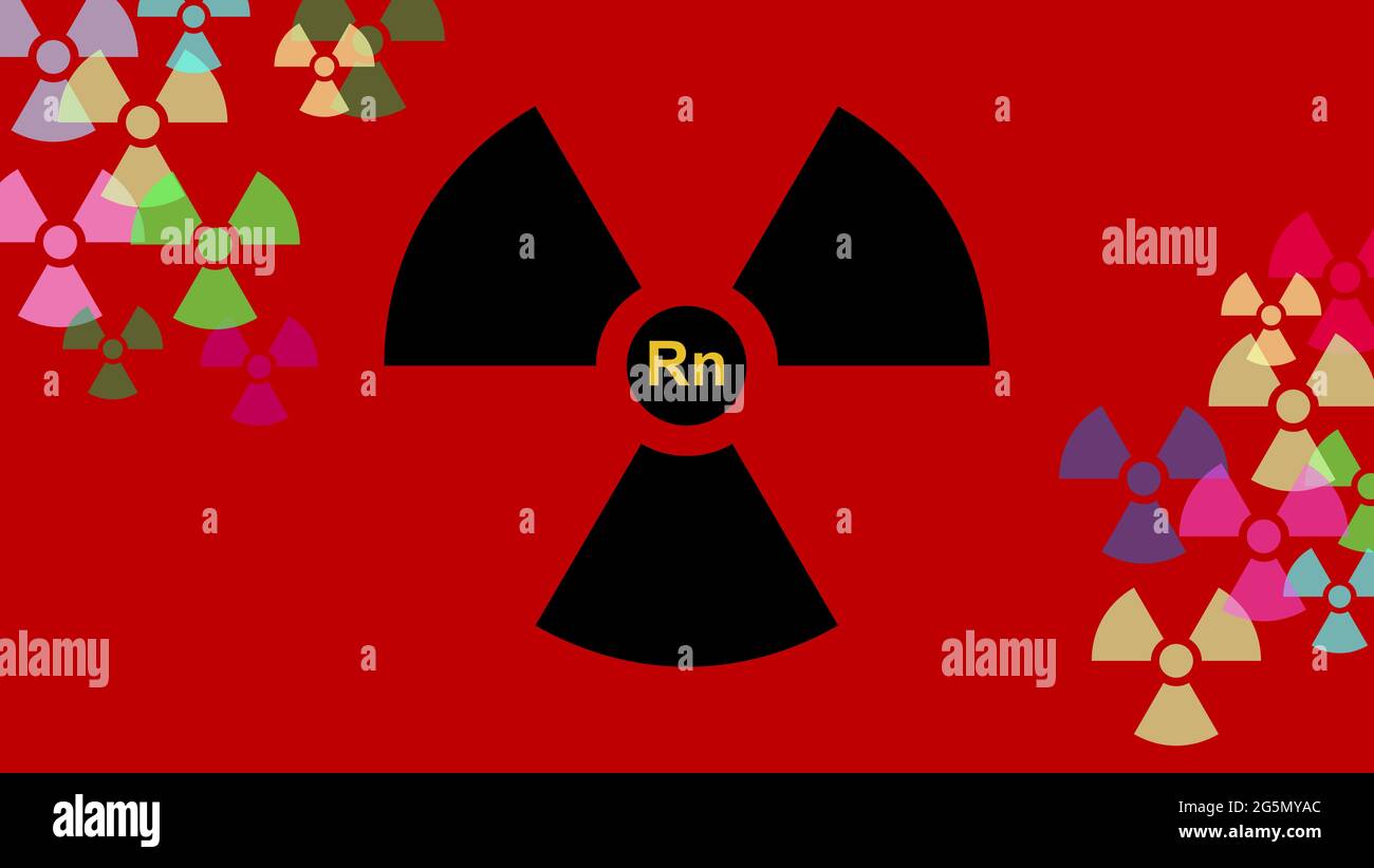 RADON. Radiazioni ionizzanti. Gas nobile. Simbolo RN sparso in modo casuale intorno al banner. Logo nero radioattività su sfondo rosso di pericolo. Foto Stock