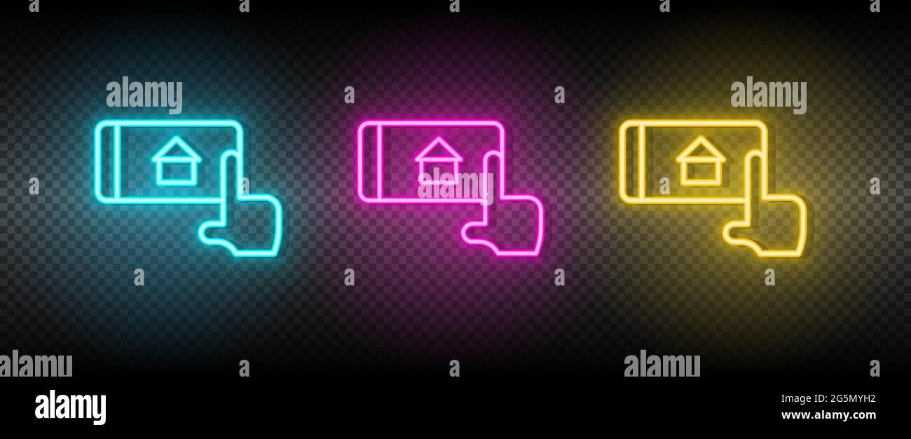 Immobiliare vettore mobile, casa. Immagine insieme di icone al neon blu, giallo e rosso. Illustrazione Vettoriale