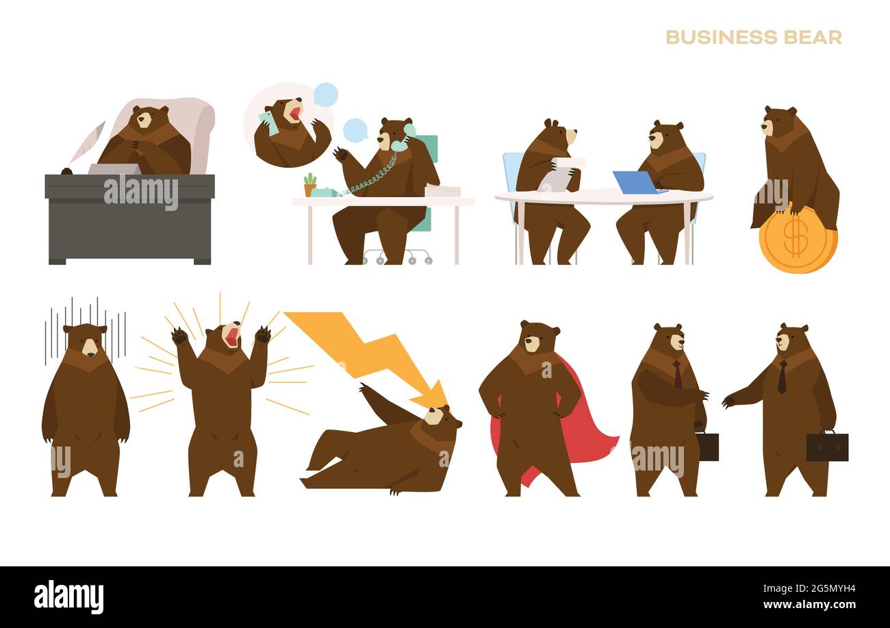 Collezione di personaggi dell'orso di affari. Illustrazione Vettoriale