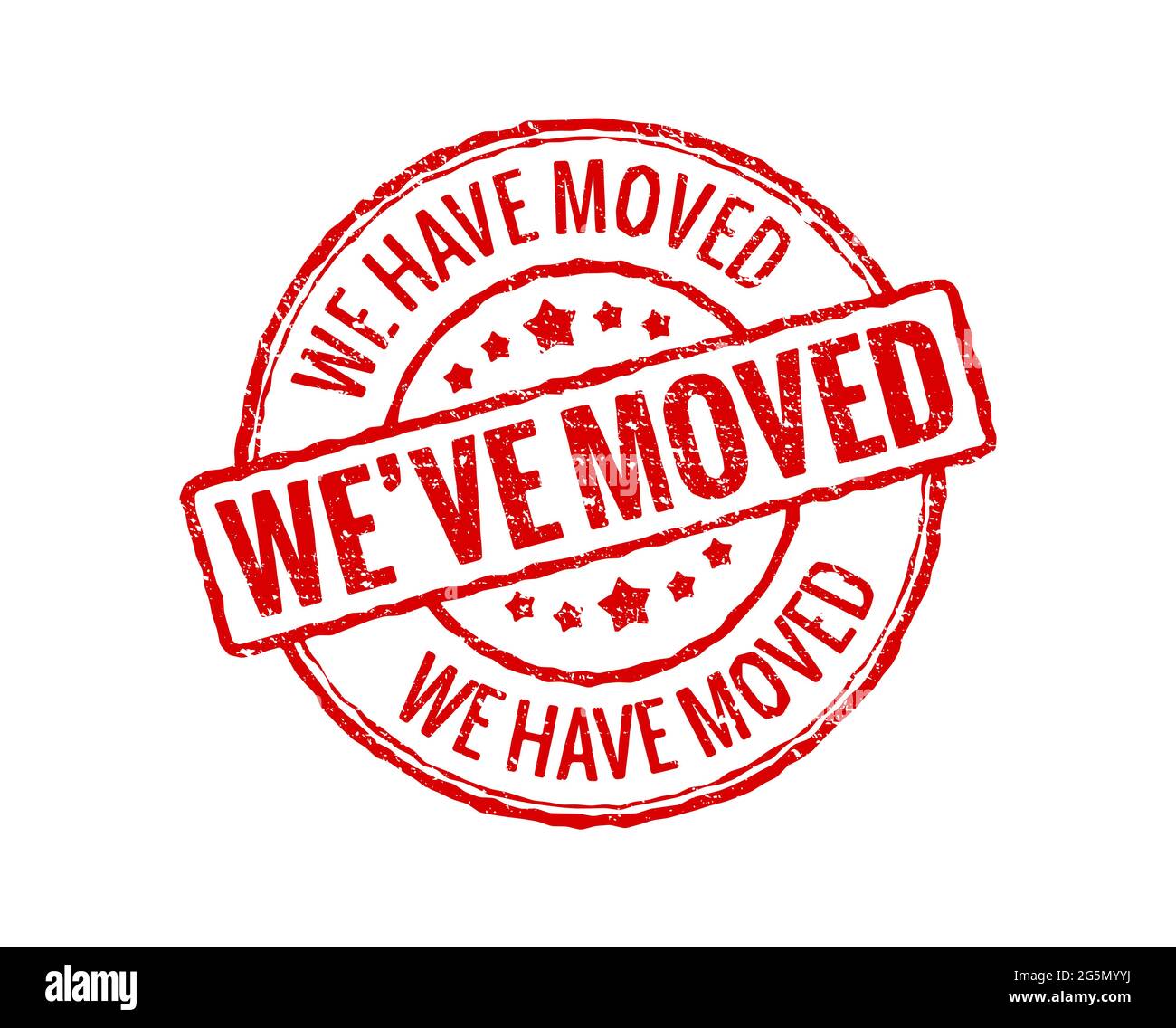 Abbiamo spostato segno rosso timbro. Etichetta Office home move etichetta di avviso isolata guarnizione in gomma grunge Illustrazione Vettoriale