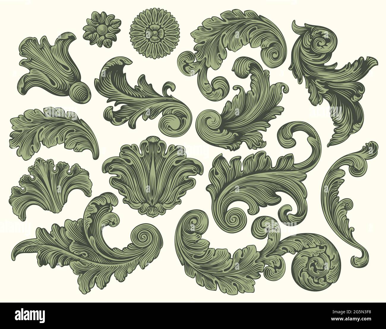 Elementi decorativi vintage. Set di design. Illustrazione disegnata a mano modificabile. Incisione vettoriale. Isolato su sfondo chiaro. 8 EPS Illustrazione Vettoriale