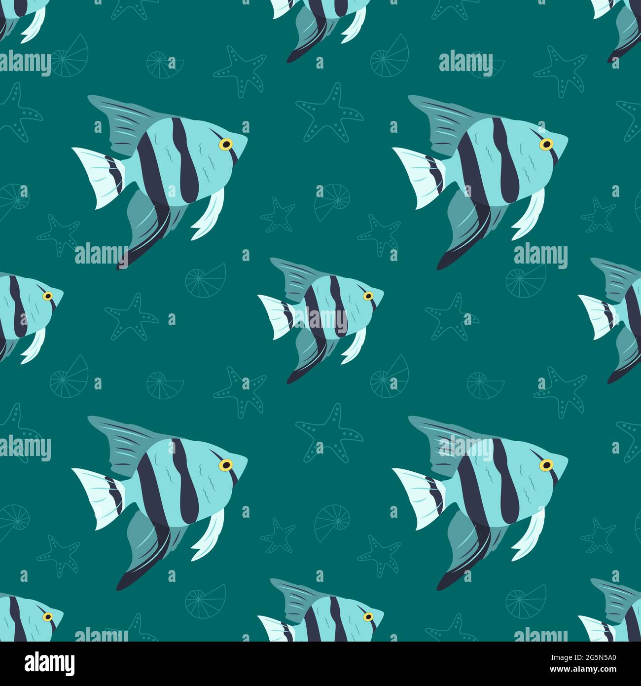 Modello marino estivo con pesci, stelle marine e conchiglie su sfondo blu Illustrazione Vettoriale