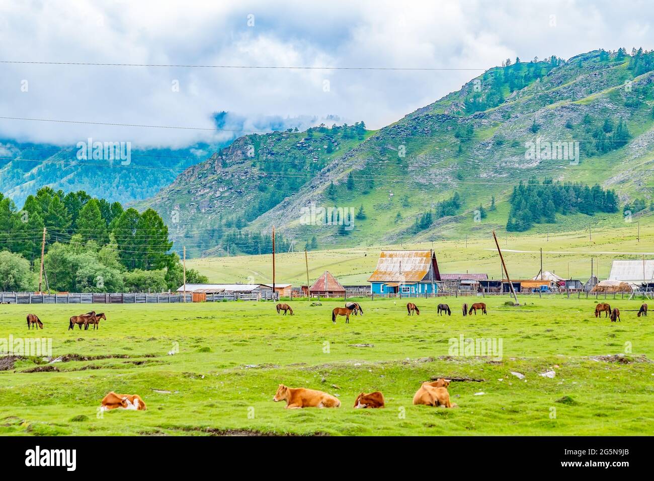vista panoramica di una famiglia in un villaggio rurale Foto Stock