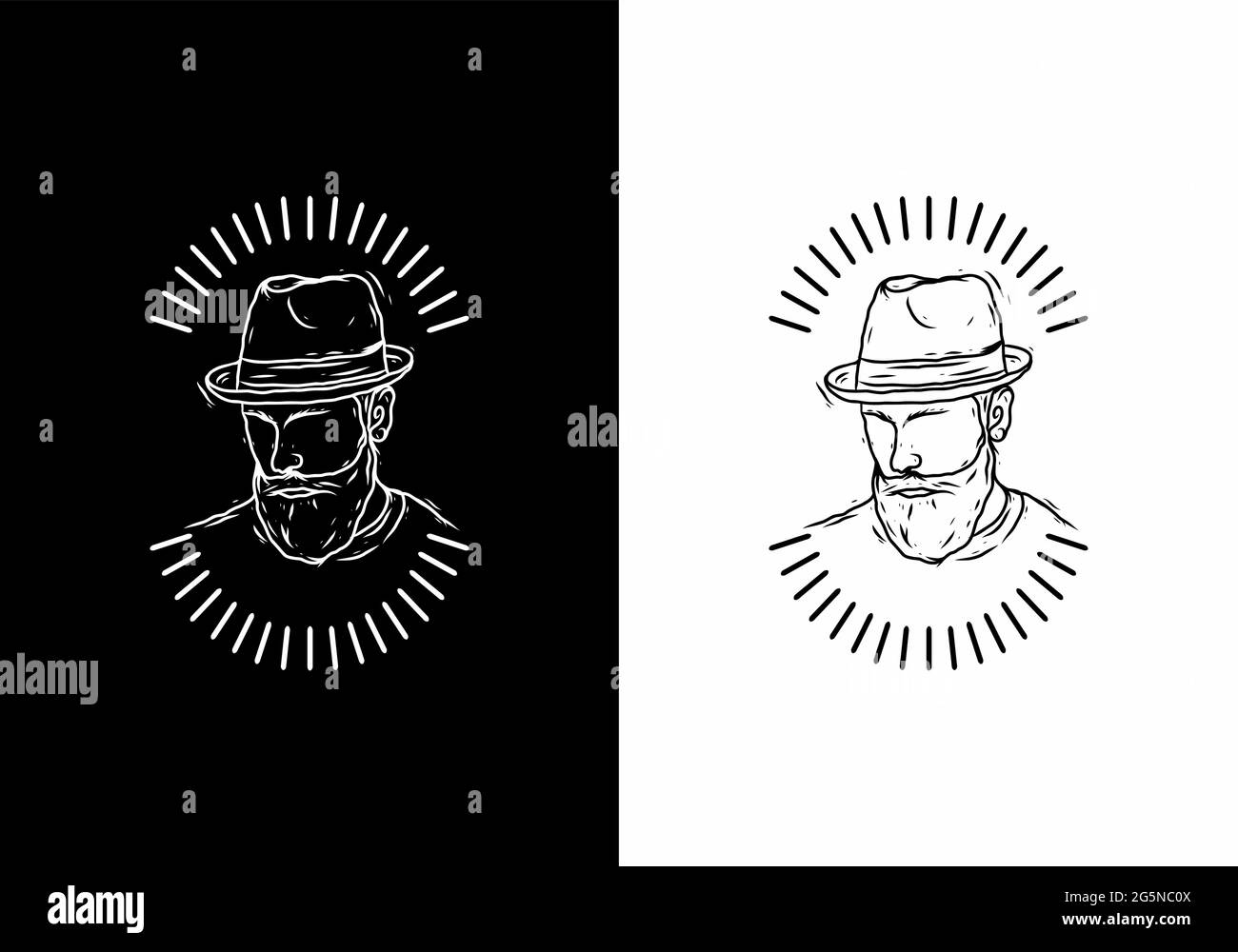 Linea bianca e nera arte della barba uomo con design a cappello Illustrazione Vettoriale