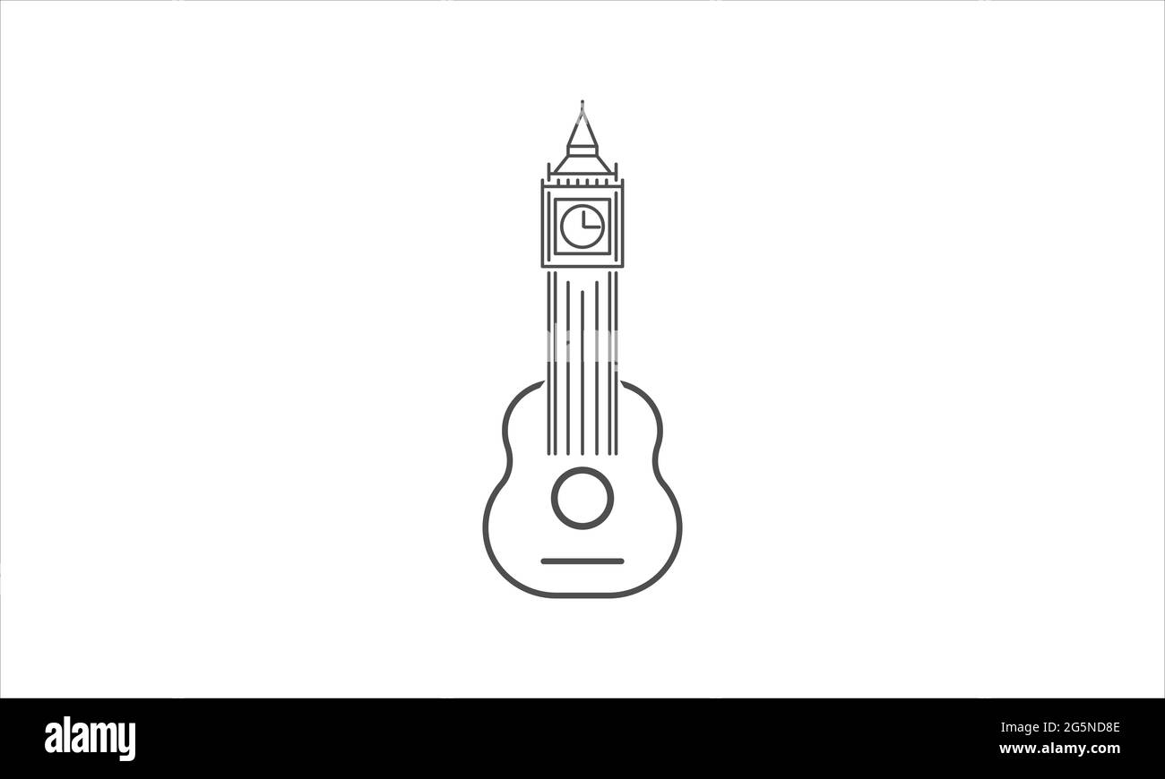 Big ben orologio torre con linee di chitarra logo simbolo vettore icona illustrazione grafica Illustrazione Vettoriale
