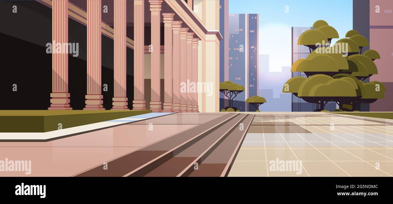 Closeup di edificio governativo con colonne legge e giustizia consulenza legale concetto di paesaggio urbano sfondo Illustrazione Vettoriale