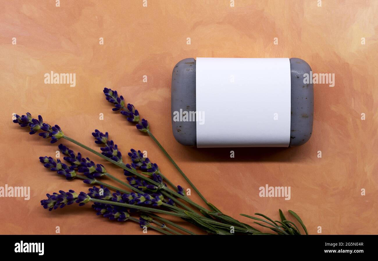 Sapone alla lavanda con benderolo bianco non etichettato con fiori di lavanda freschi Foto Stock