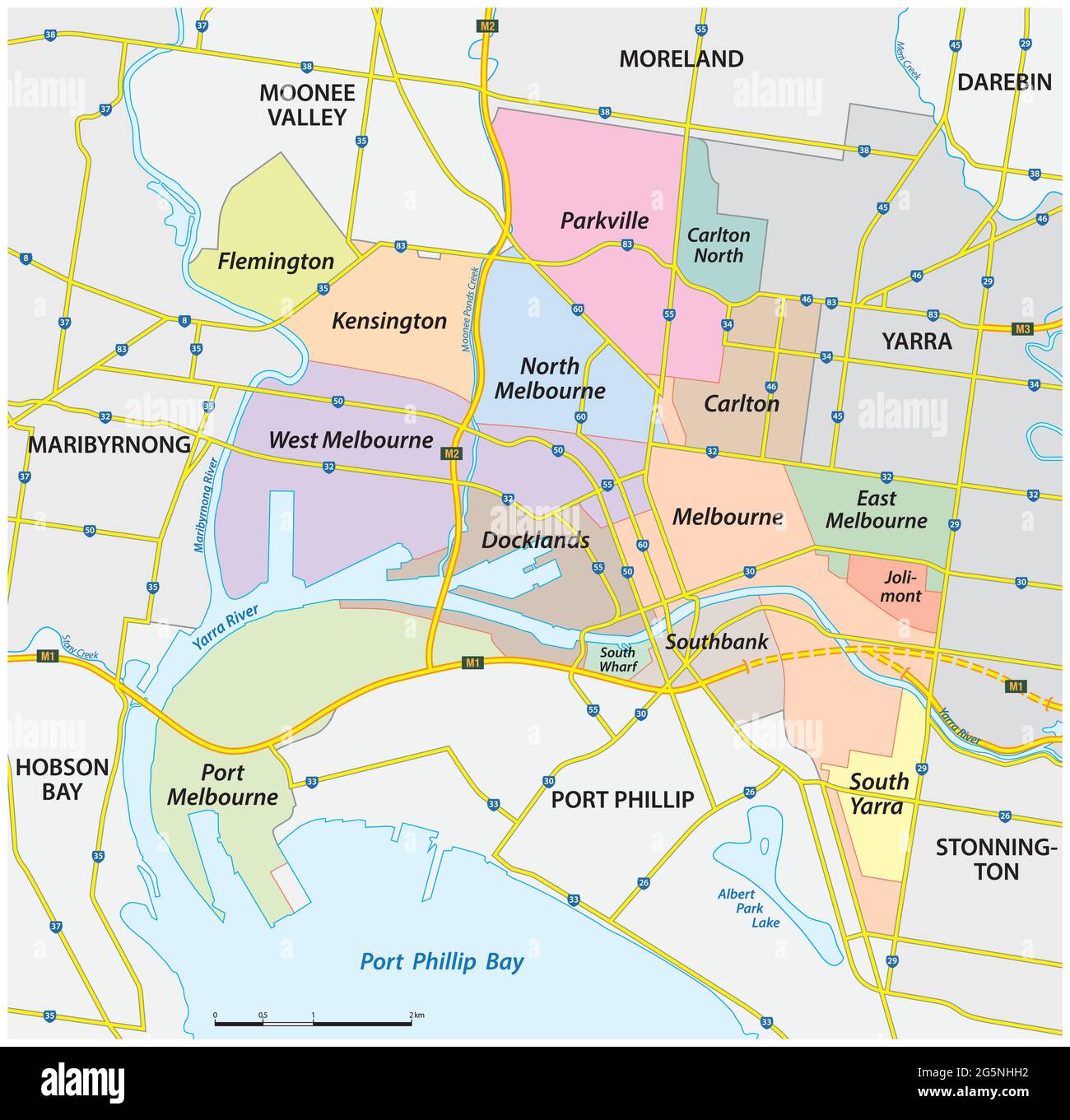 Mappa amministrativa e stradale della città di Melbourne, Victoria, Australia Illustrazione Vettoriale