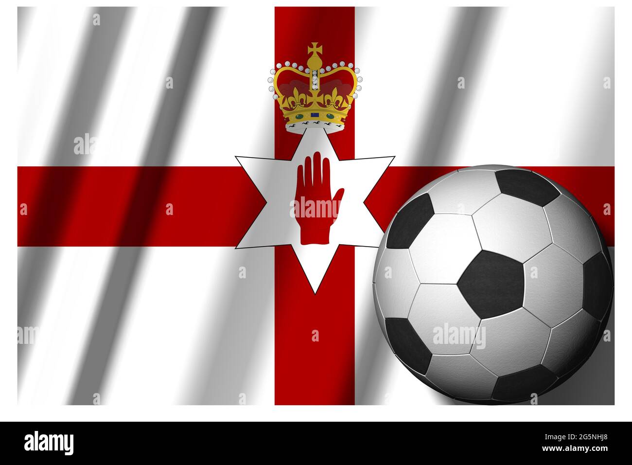 Irlanda del Nord. Bandiera nazionale con palla di calcio in primo piano. Sport football - Illustrazione 3D Foto Stock
