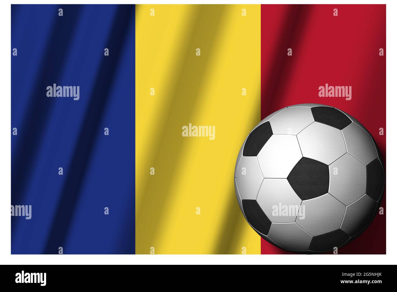 Romania. Bandiera nazionale con palla di calcio in primo piano. Sport football - Illustrazione 3D Foto Stock