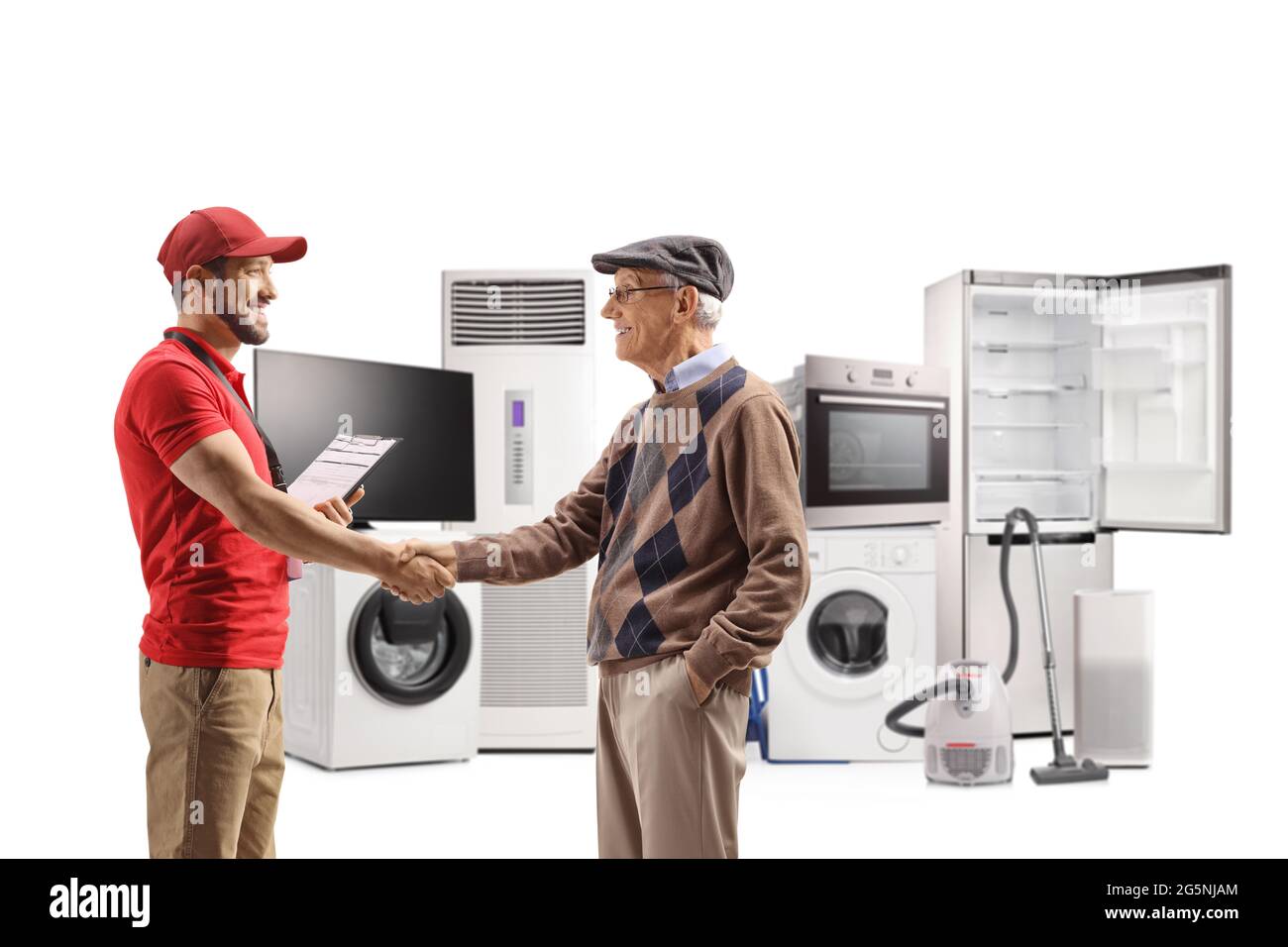Scopri le mani agitanti con un uomo anziano con gli elettrodomestici sul retro isolati su sfondo bianco Foto Stock