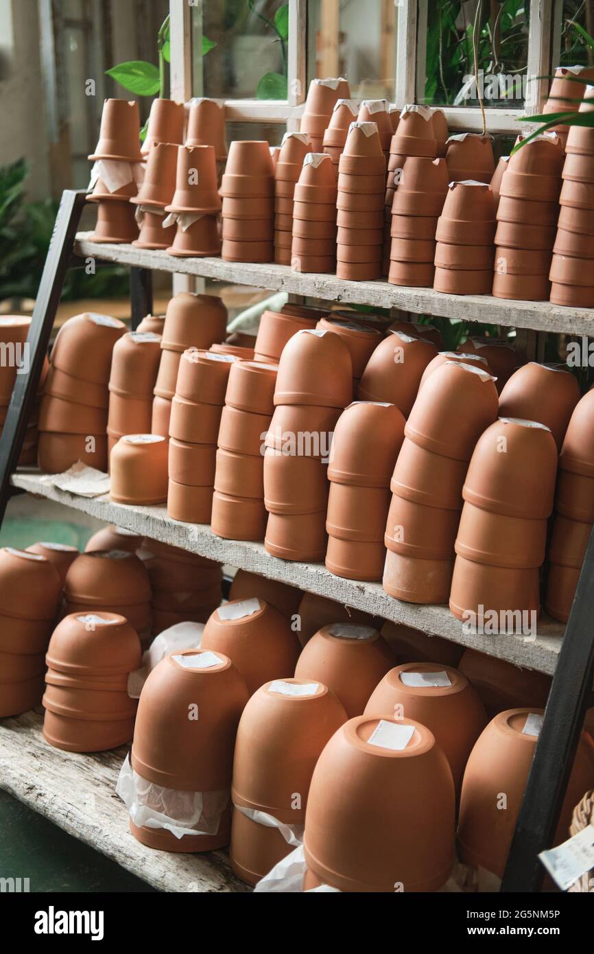 Immagine di un gran numero di pentole in ceramica sulle mensole del negozio di fiori Foto Stock