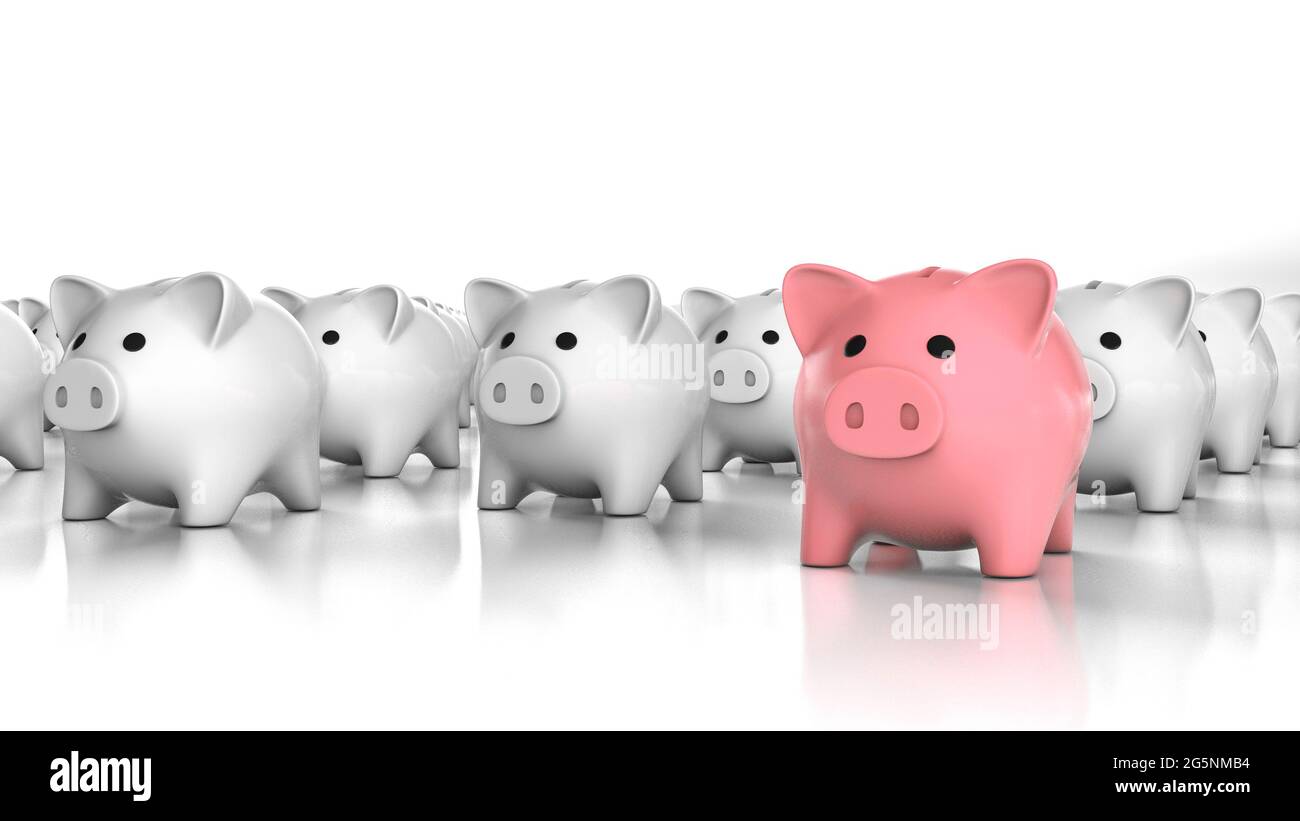 Il leader della banca dei piggy rosa e molte banche dei piggy bianchi. Speciale banco di piggy. rendering 3d. Foto Stock