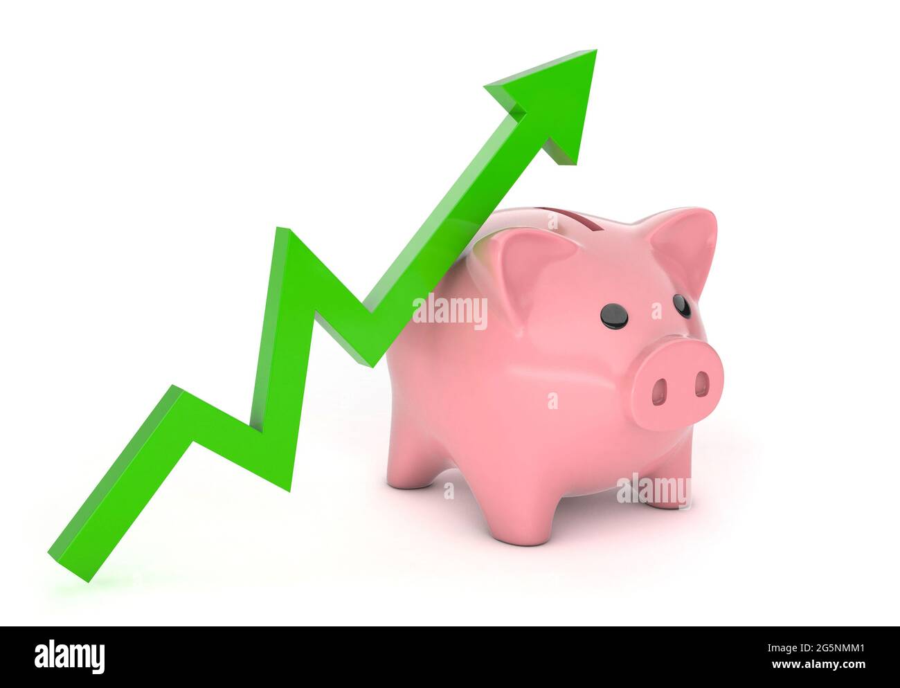 Banco di piggy e freccia verde su. Grafico della crescita del risparmio. Isolato su sfondo bianco. rendering 3d. Foto Stock