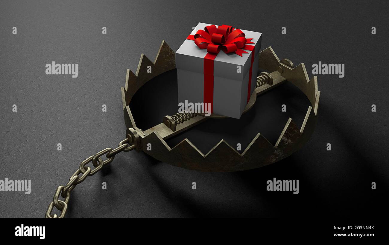 Intrappola con un'esca sotto forma di confezione regalo. rendering 3d. Foto Stock