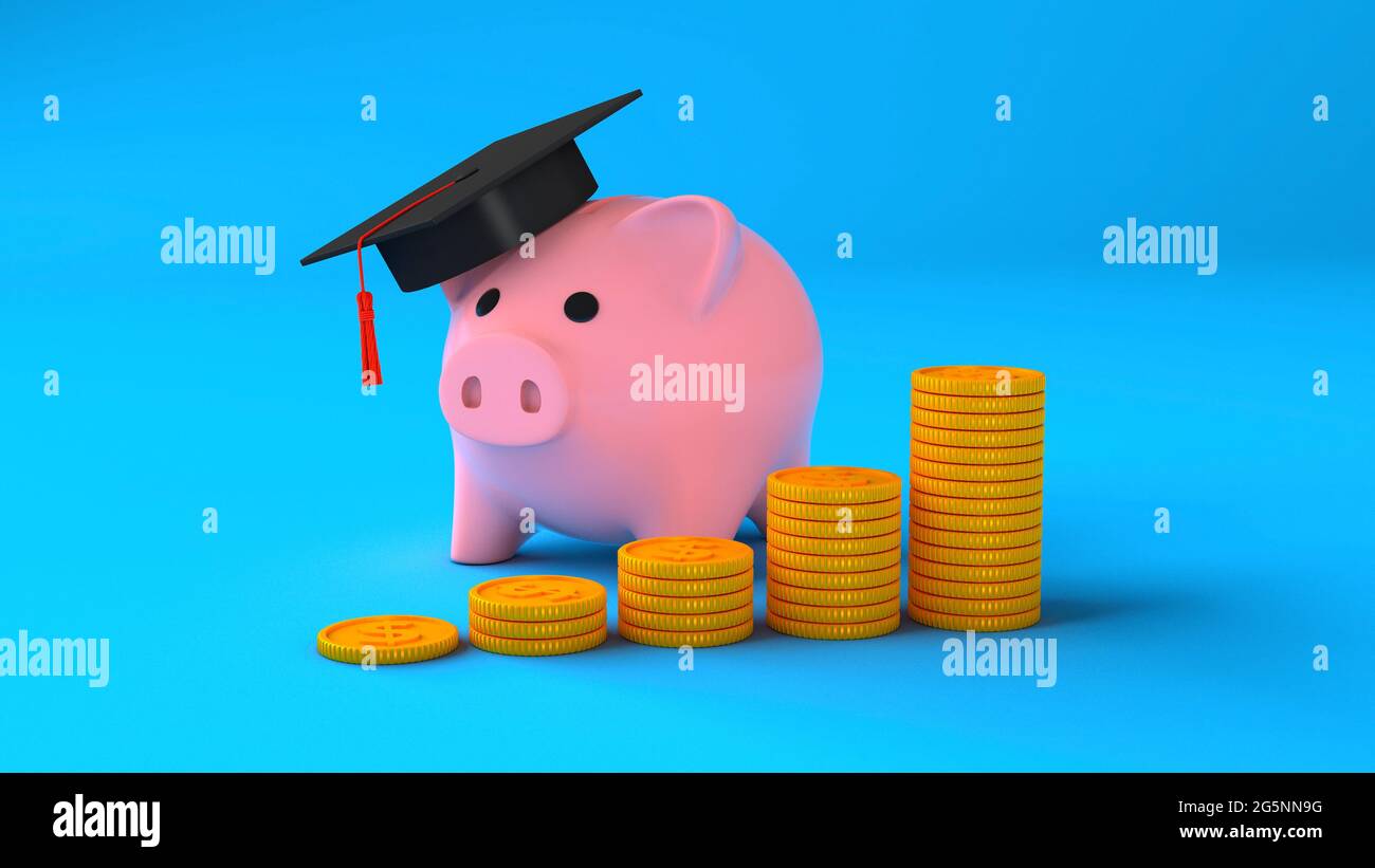 Istruzione costosa. Monete con una pila di gradini e una banca di porcellini in un cappellino graduato su sfondo blu. Risparmi per l'istruzione. rendering 3d. Foto Stock