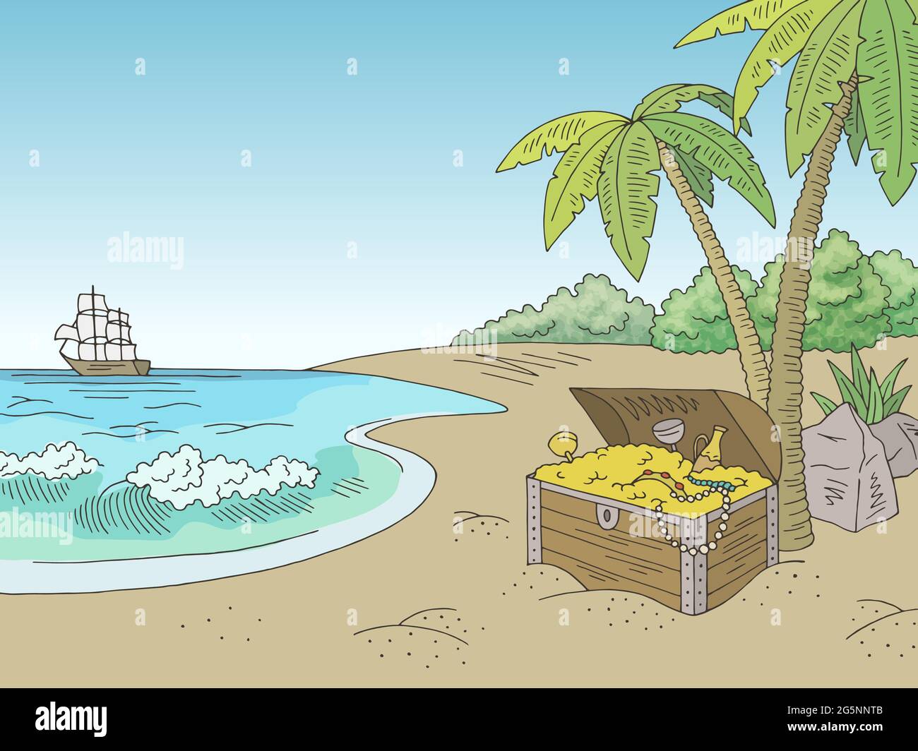 Costa del mare tesoro sepolto grafico colore disegno paesaggio vettore illustrazione Illustrazione Vettoriale