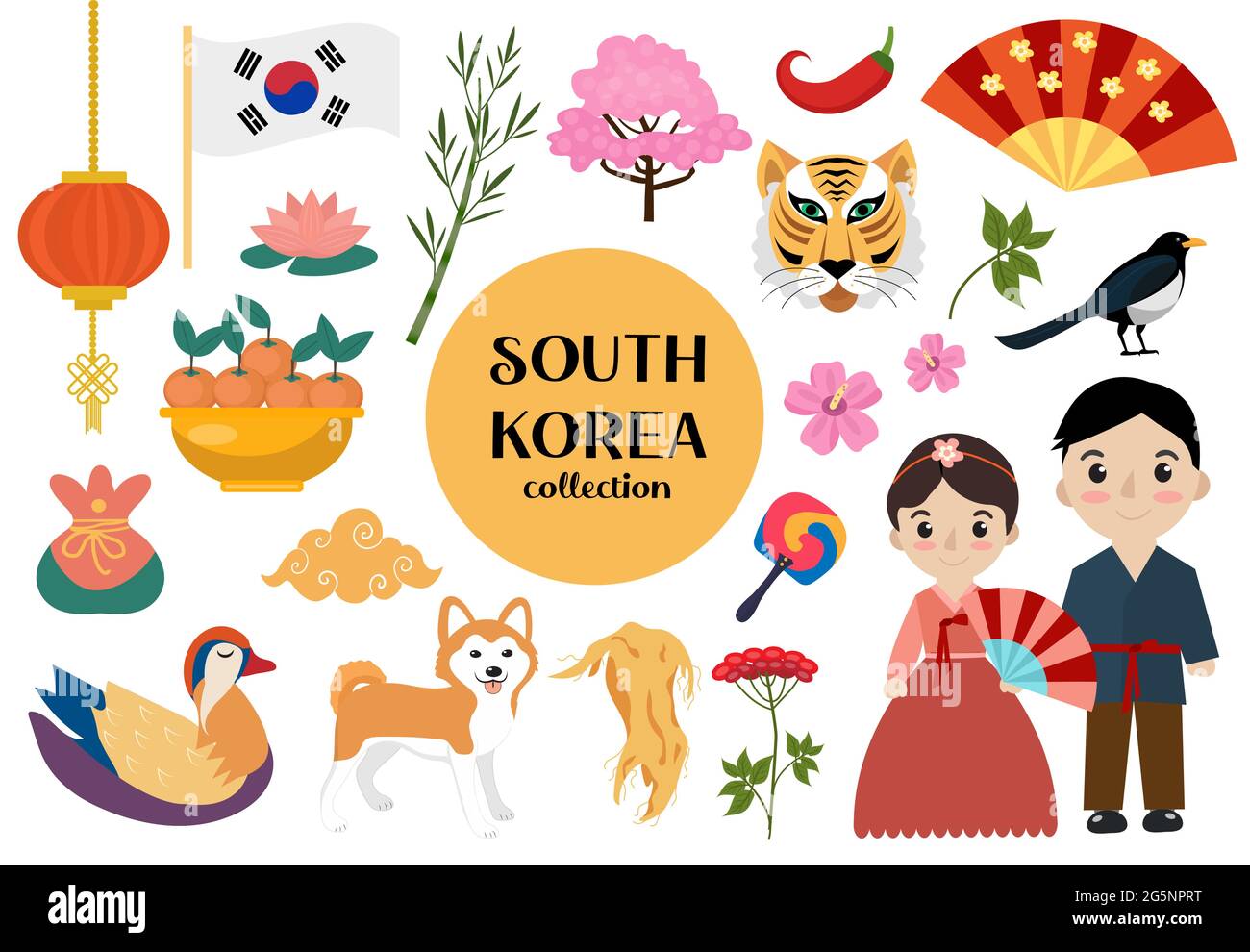 Insieme di oggetti della Corea del Sud. Collezione nazionale coreana di elementi di design con simboli tradizionali. Illustrazione vettoriale clip art. Illustrazione Vettoriale