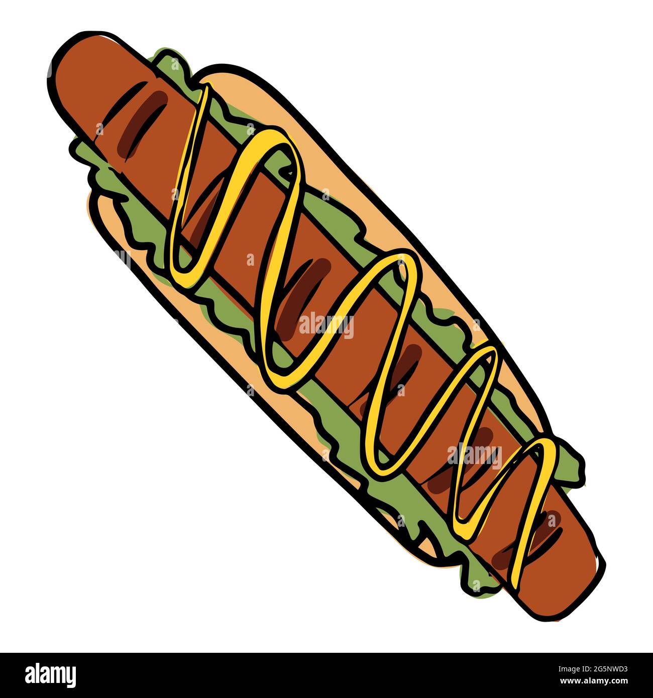 Hotdog disegnato a mano con illustrazione della senape colorata. Illustrazione Vettoriale