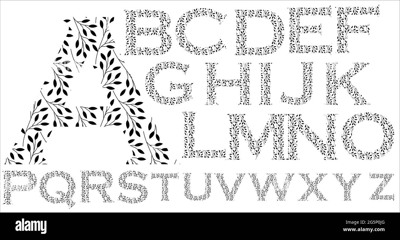 Lettere maiuscole dell'alfabeto latino. Motivi in bianco e nero. Serie vettoriale di lettere ornamentali vintage elementi di design per logo, emblema, Illustrazione Vettoriale