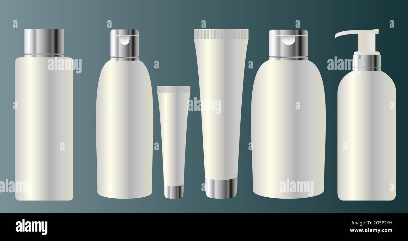 Set Vector Blank templates di contenitori bianchi vuoti e puliti in plastica:  Bottiglie con spray e contagocce, vasetto di crema, tubetto. Simulazione 3d  realistica di cosme Immagine e Vettoriale - Alamy