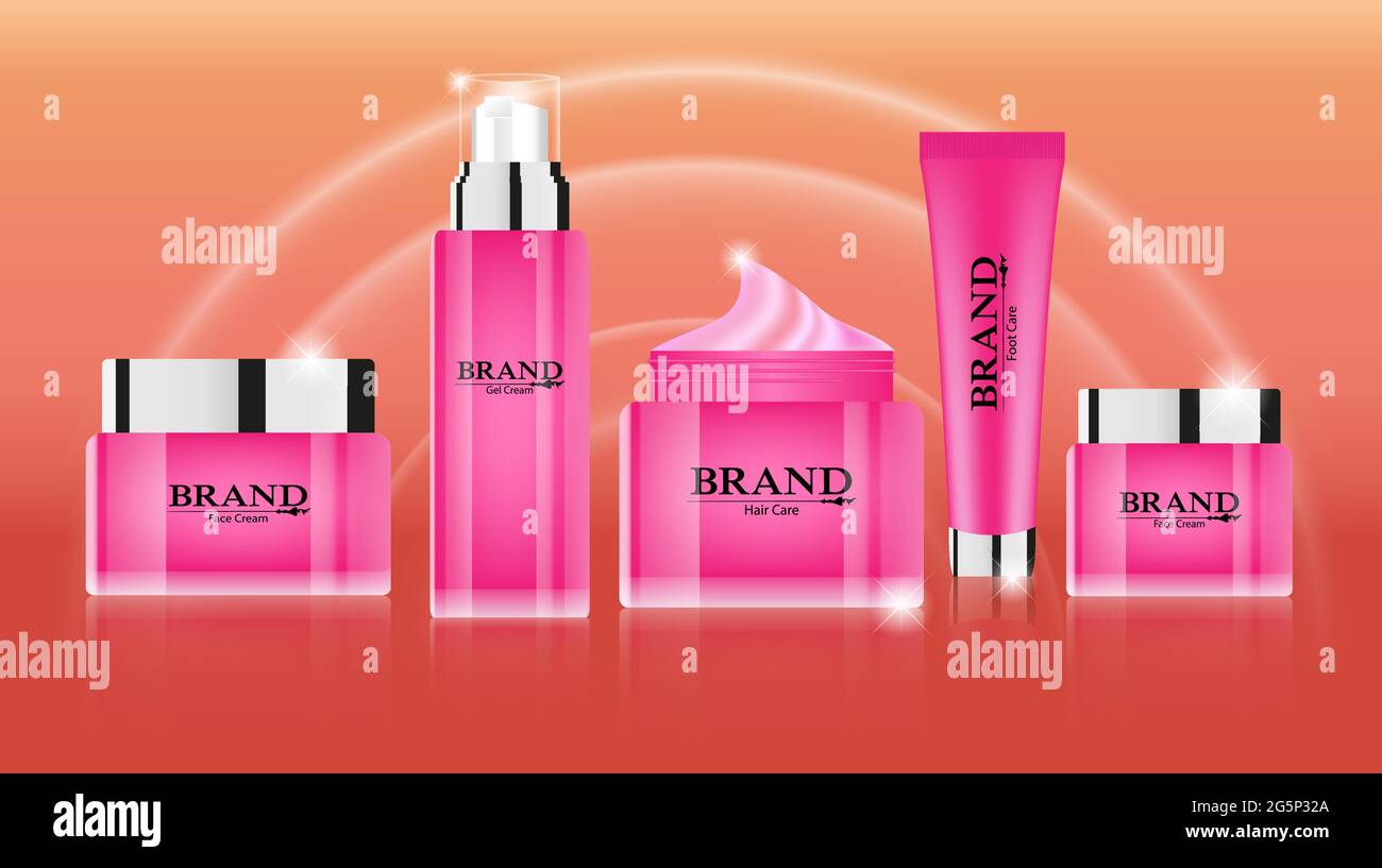 Cosmetici tubi bendino mockup, prodotto cosmetico naturale di bellezza per la cura del viso o del corpo su fondo tessile lucido piegato di seta rosa con perle, bottiglia Illustrazione Vettoriale