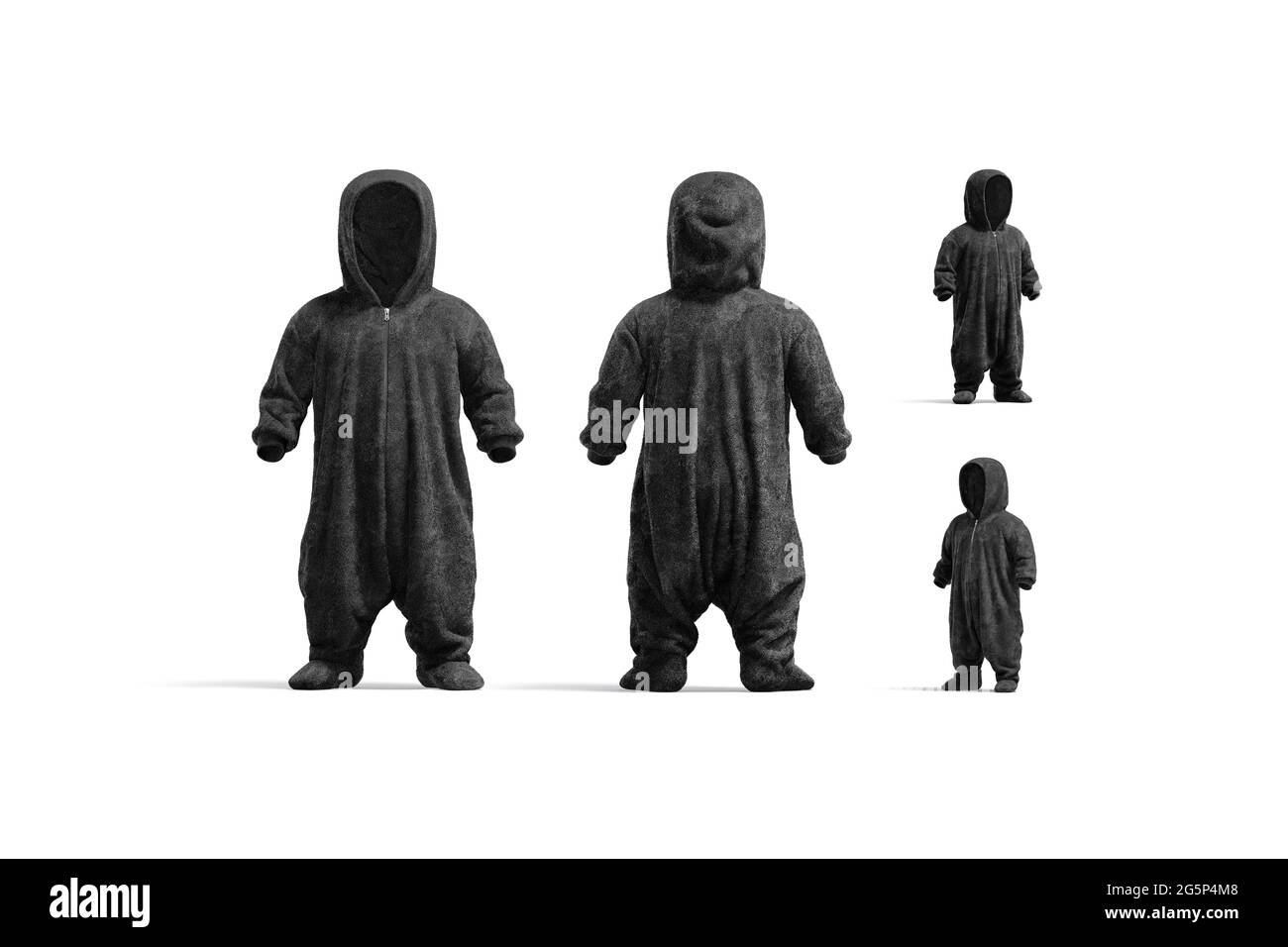 Jumpsuit in peluche nero per bambini con mockup cappuccio e viste diverse Foto Stock