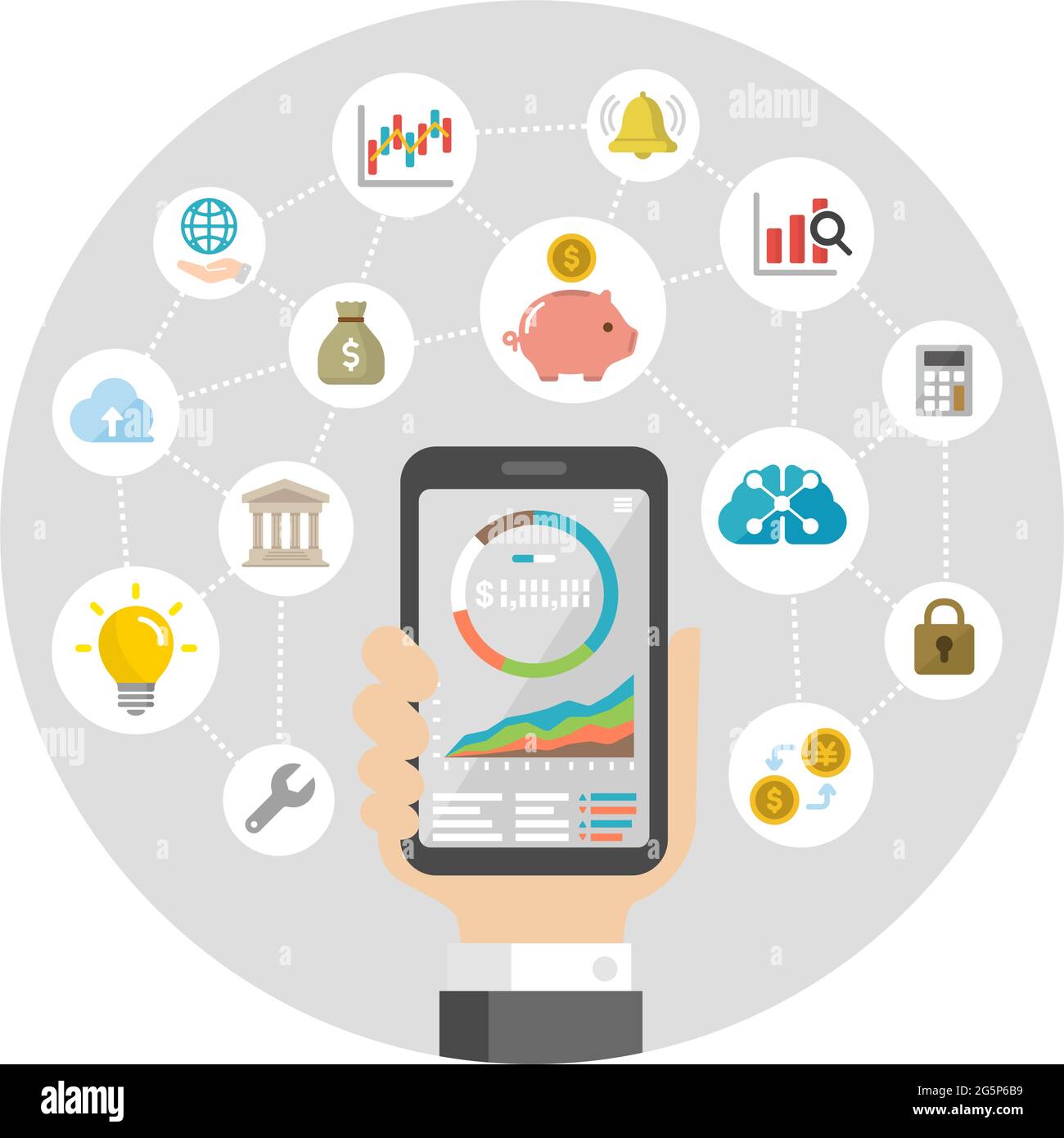 Investimento mobile ( robot ADVISOR, fin tech apps ) illustrazione banner rotonda Illustrazione Vettoriale