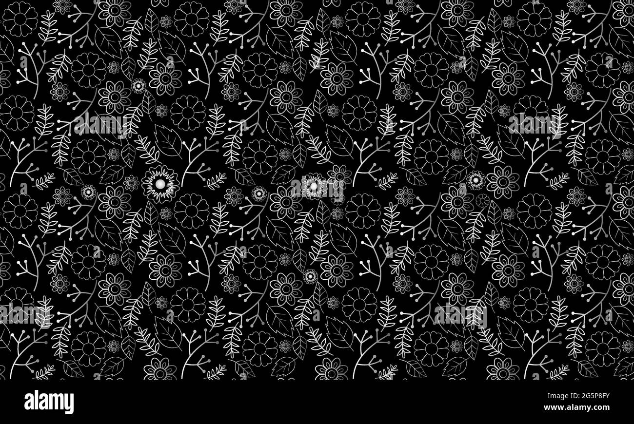 Fiori d'argento e disegni foglia su sfondo nero. Motivo vintage senza cuciture. Ornamenti di stile orientale. Illustrazione vettoriale. Illustrazione Vettoriale