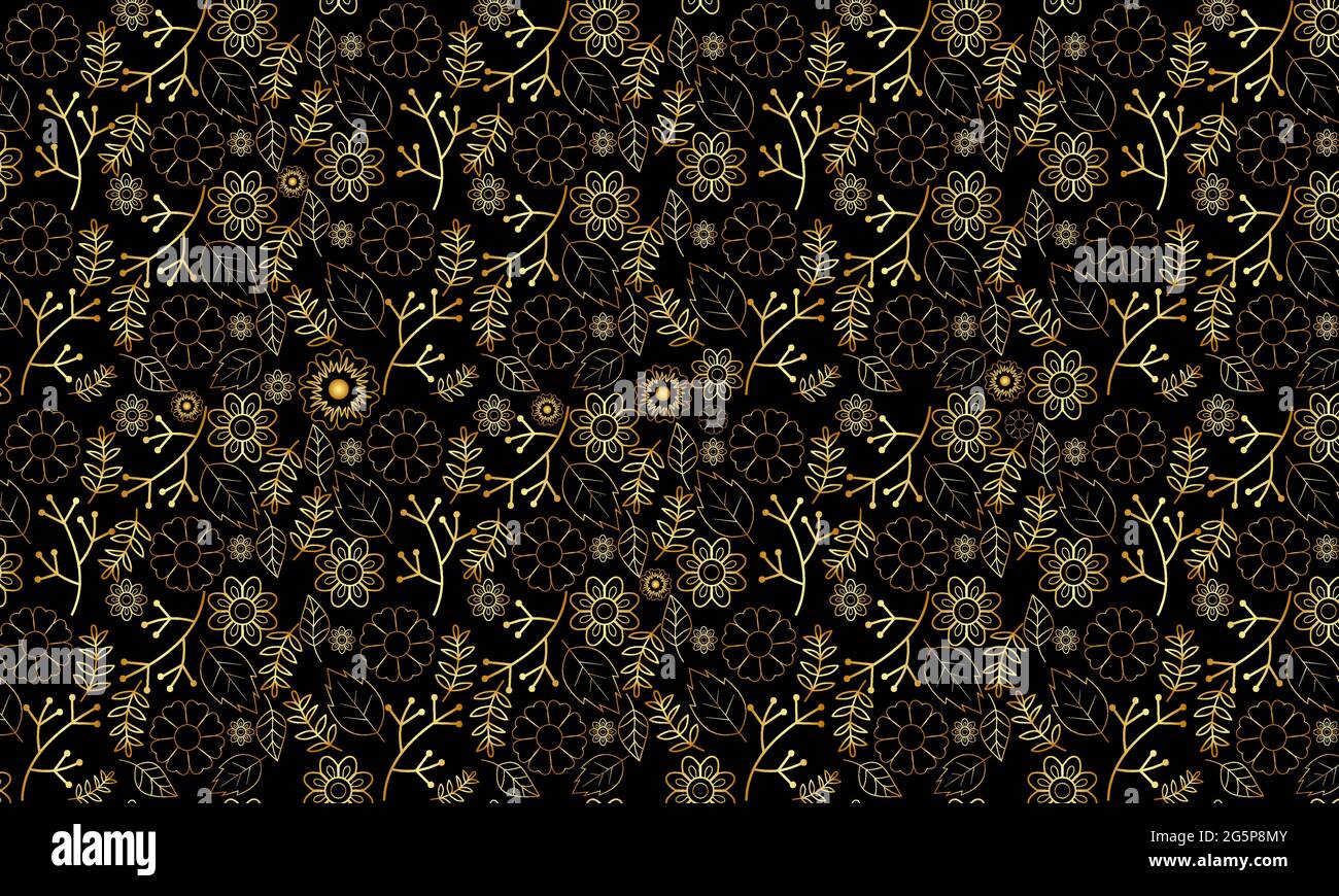 Fiori d'oro e disegni foglia su sfondo nero. Motivo vintage senza cuciture. Ornamenti di stile orientale. Illustrazione vettoriale. Illustrazione Vettoriale