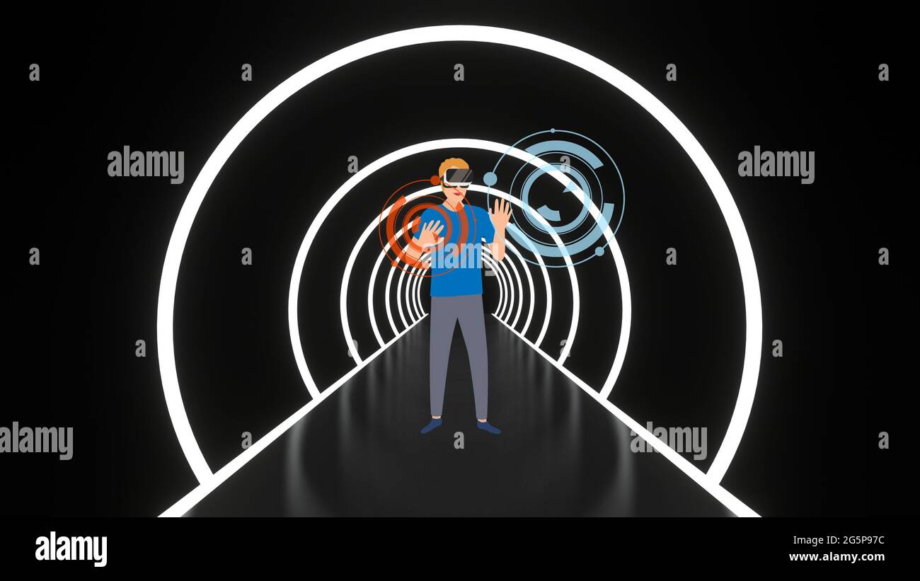 Giovane uomo che indossa occhiali per realtà virtuale nel luminoso tunnel al neon. Uomo sorridente che usa il visore VR per spostare l'oggetto. Backgrou di rendering 3D Foto Stock