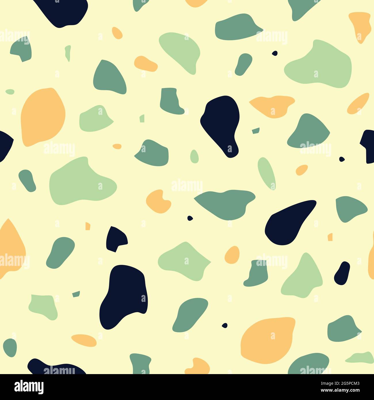 Motivo vettoriale senza giunture con pezzi a mosaico su sfondo giallo chiaro. Semplice disegno di sfondo grid texture. Terrazzo moda tessile. Illustrazione Vettoriale