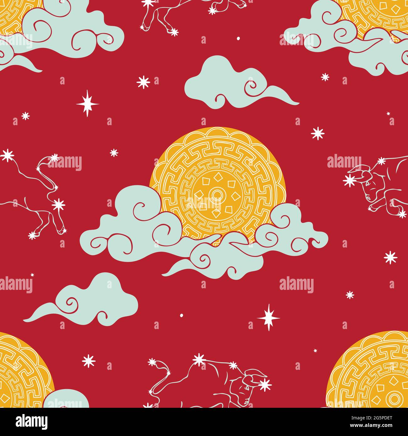 Pattern vettoriale senza cuciture con cielo zodiaco Taurus su sfondo rosso brillante. Chines anno carta da parati design con la luna. Asia cultura moda tessile. Illustrazione Vettoriale