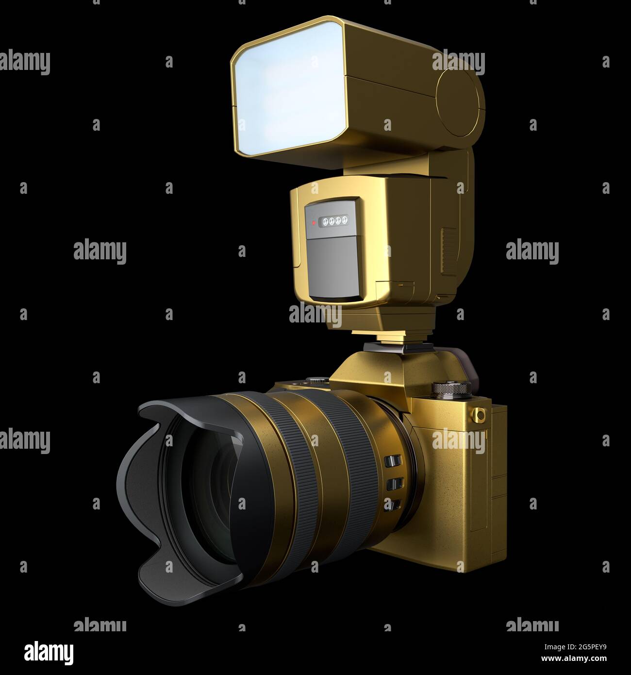 Fotocamera DSLR inesistente con obiettivo e flash esterno speedlight nero. Foto Stock