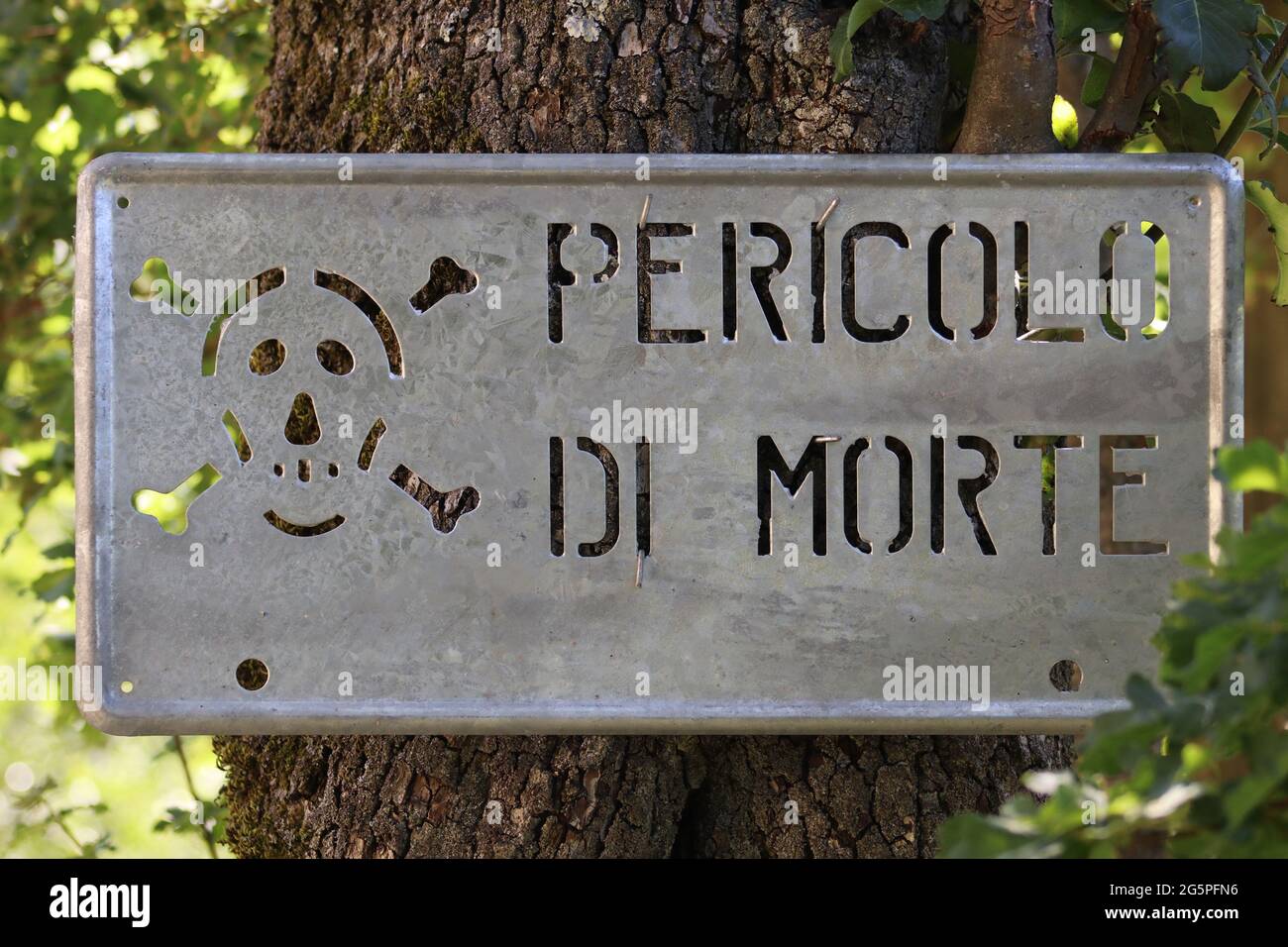 Segno metallico pericolo di morte a causa del polo elettrico Foto Stock