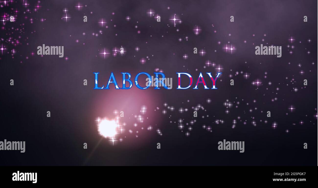 Composizione del testo giorno di lavoro in stelle e strisce, su sparklers e stelle nel cielo notturno Foto Stock