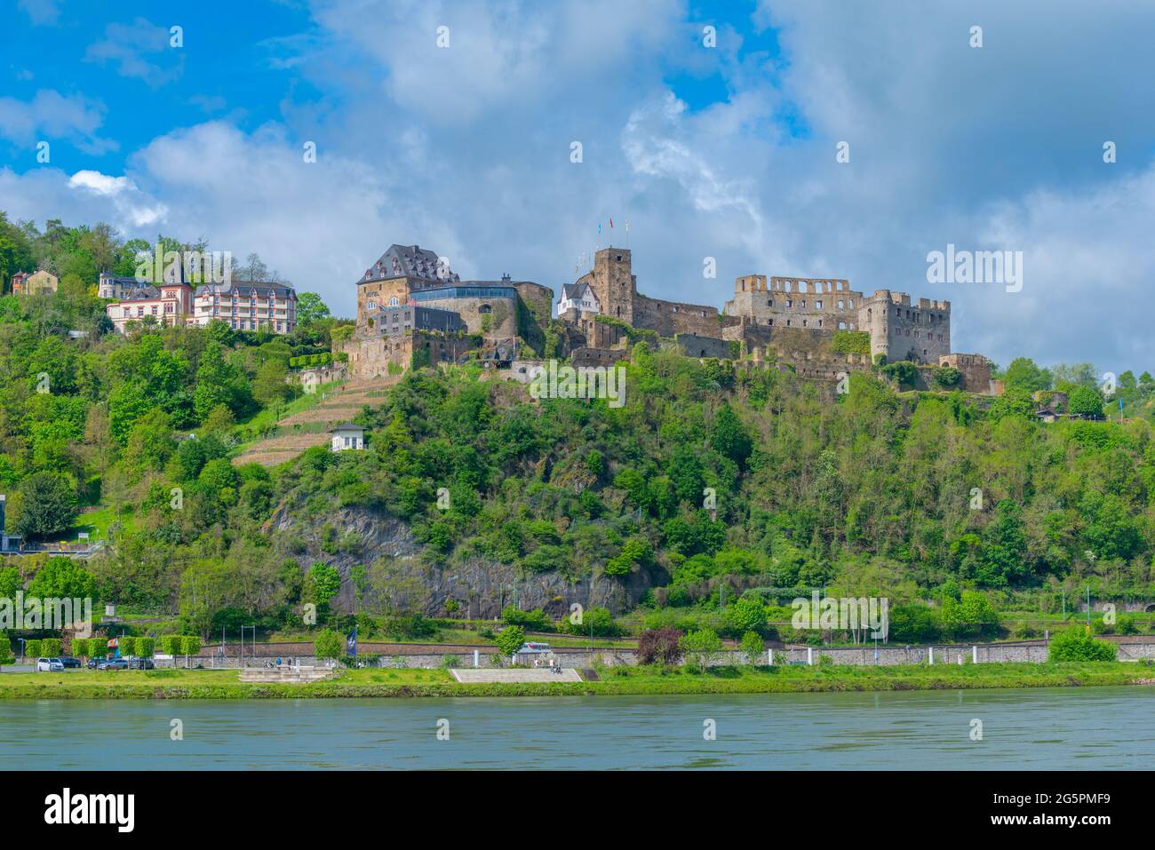 Possente fortezza medievale Rheinfels Castello presso il percorso del castello sul Reno a San Goar, alta Valle del Medio Reno, Patrimonio Mondiale dell'UNESCO, Germania Foto Stock