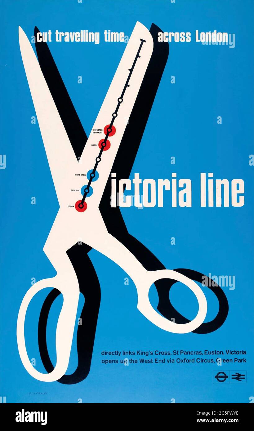 TOM EKERSLEY (1914-1997) progettista e insegnante di poster inglese. Una versione del poster hs 1969 per London Transport che promuove la nuova metropolitana Victoria Line Foto Stock