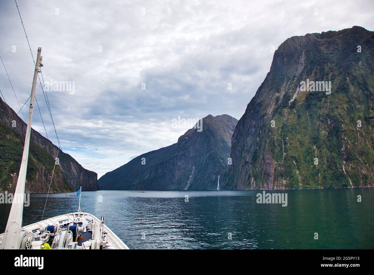 I fiordi del sud di South Island, Nuova Zelanda, come visto da una nave da crociera con ripide scogliere e rocce, alcuni alberi coperti Foto Stock