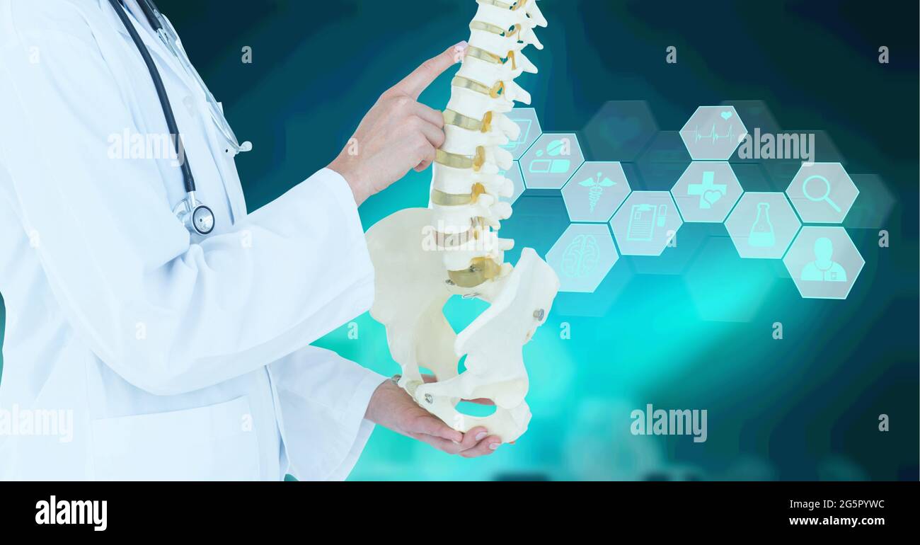 Sezione centrale del medico che tiene il modello umano della colonna vertebrale contro le icone mediche su sfondo verde Foto Stock