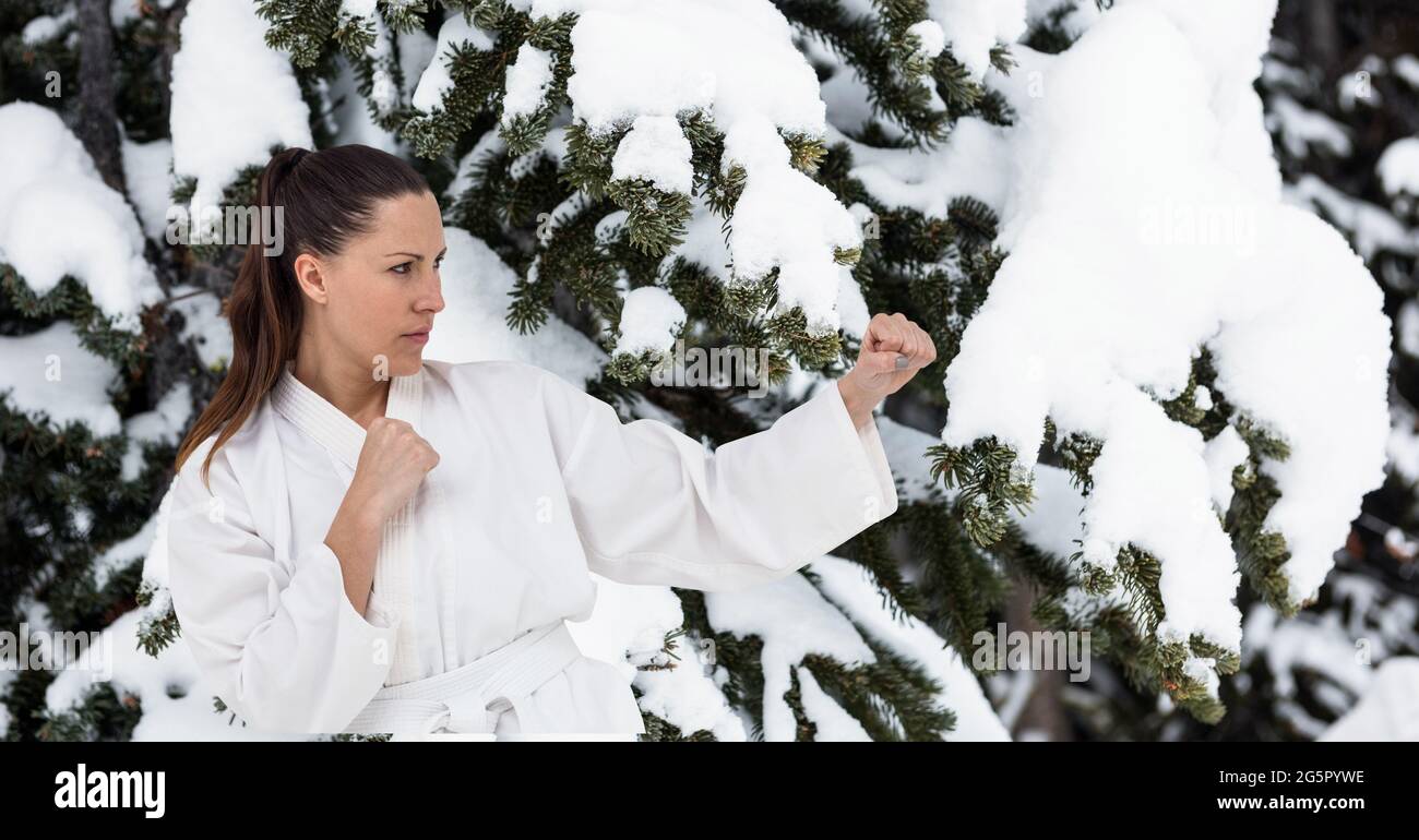 Immagine digitale composita di artista coniugale caucasico con cintura bianca contro il paesaggio invernale Foto Stock