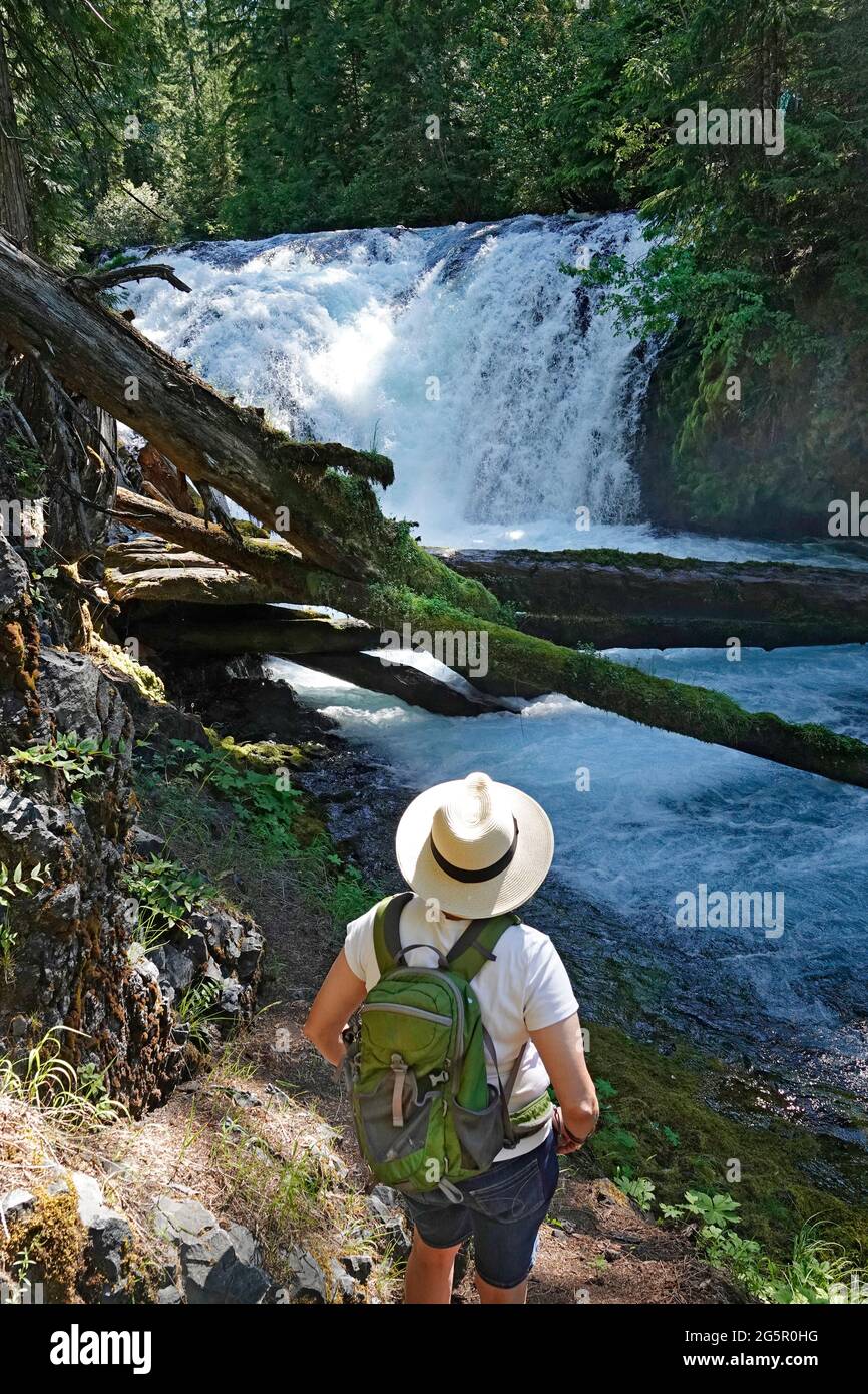 Un'escursione per anziani di mezza età nelle Cascade Mountains dell'Oregon centrale. Foto Stock
